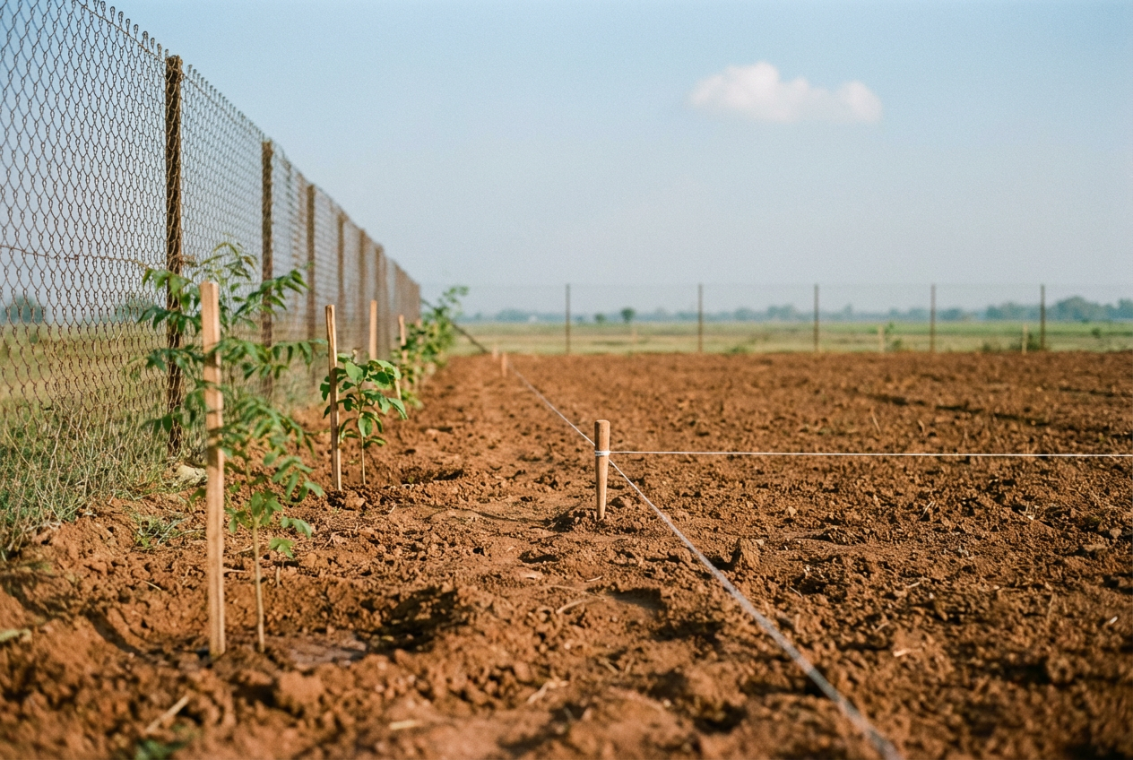 Bare alluvial plot with young windbreak saplings staked at the perimeter