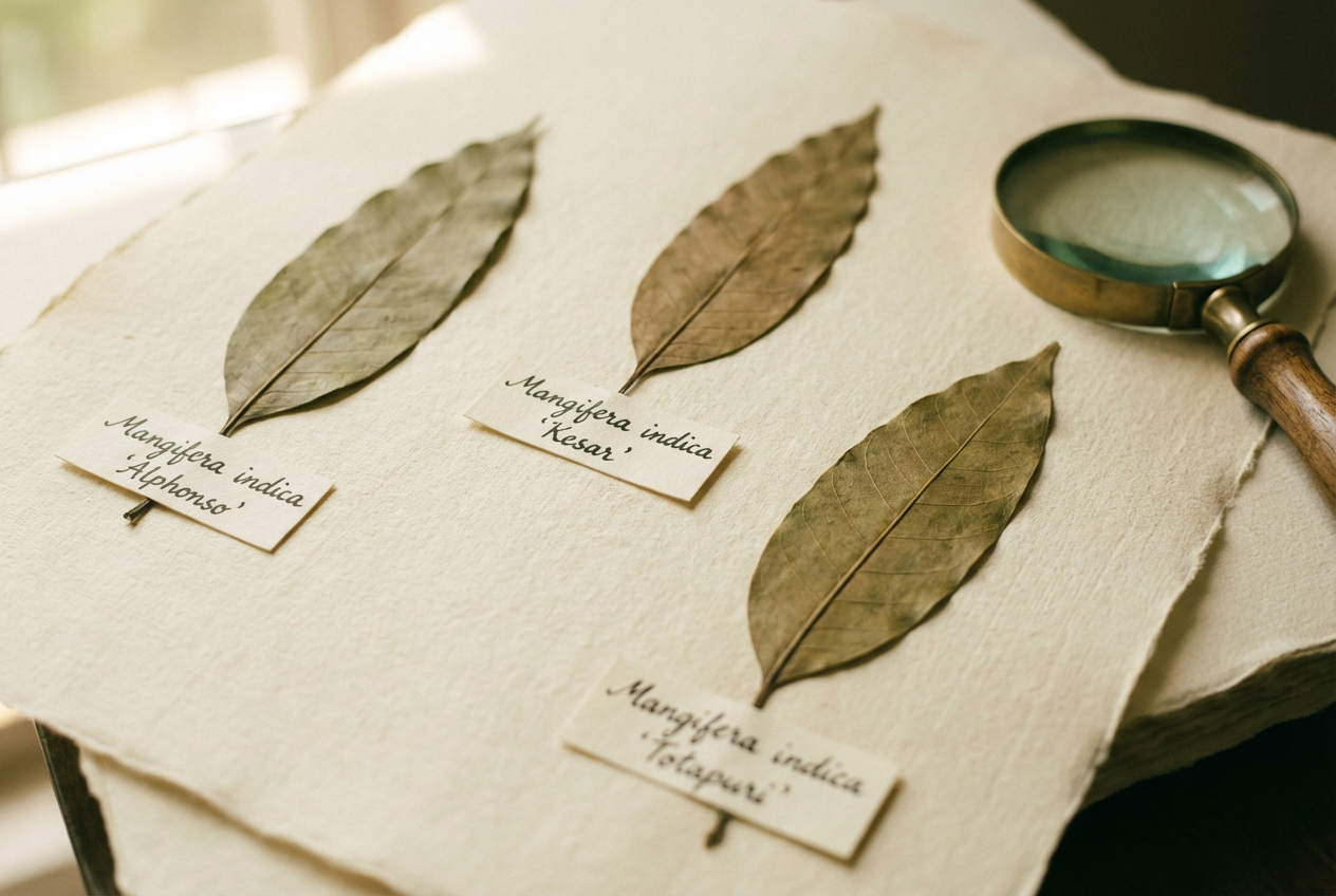 Three pressed mango leaves labeled on khadi paper with a brass magnifying glass