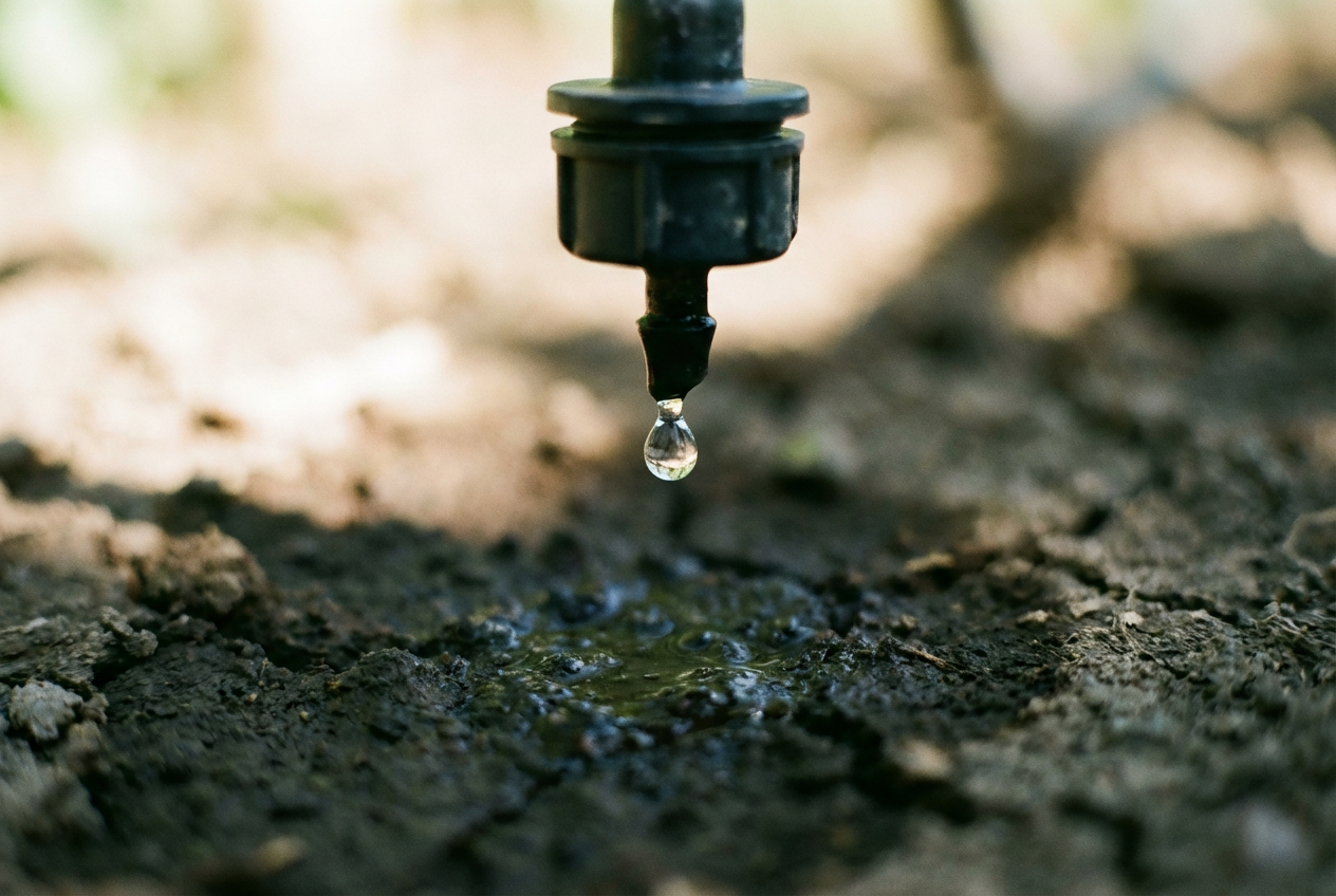 A single drip-irrigation drop suspended over dark alluvial soil