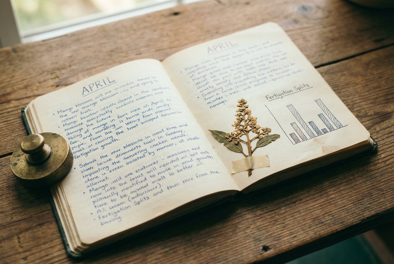 A field notebook open to April, weather notes in fountain pen, pressed mango blossom