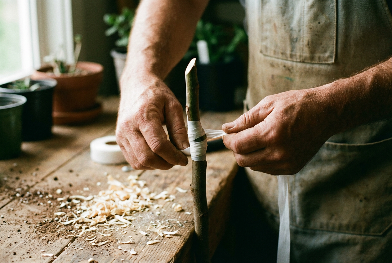 Hands wrapping a cleft graft union with white poly tape