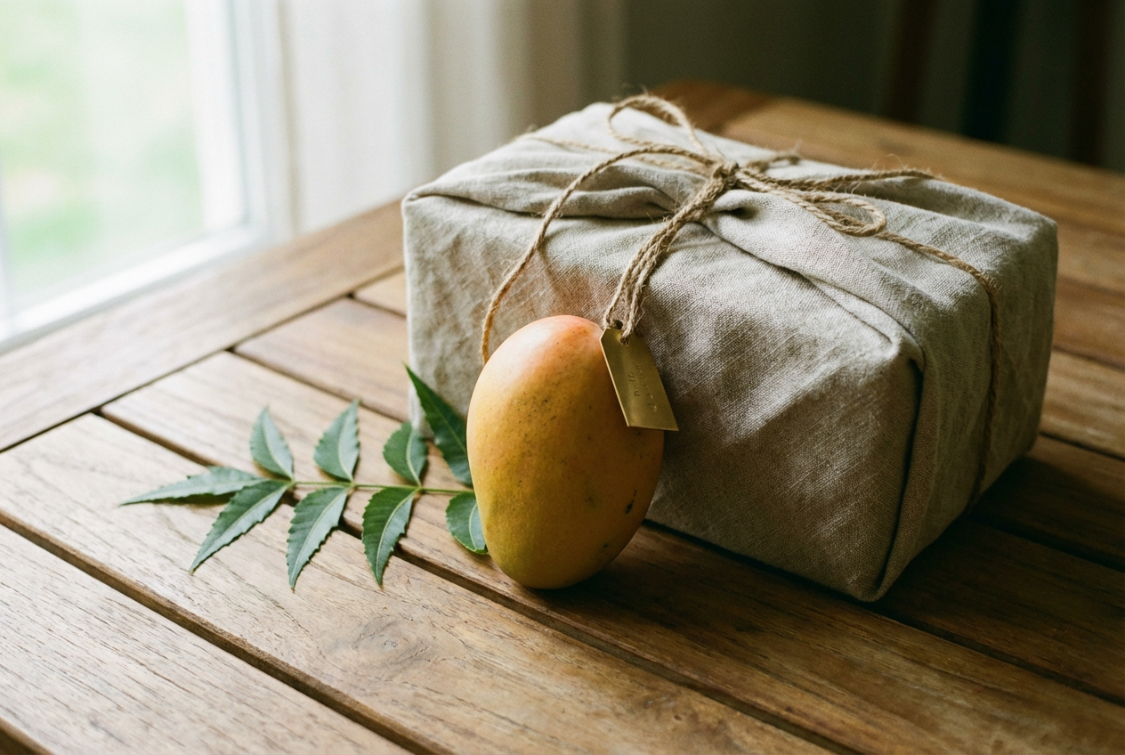 A linen-wrapped gift box tied with jute twine, brass tag, mango visible