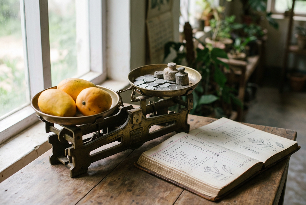 A brass two-pan balance with stone weights, mangoes in one pan, silver coins in the other