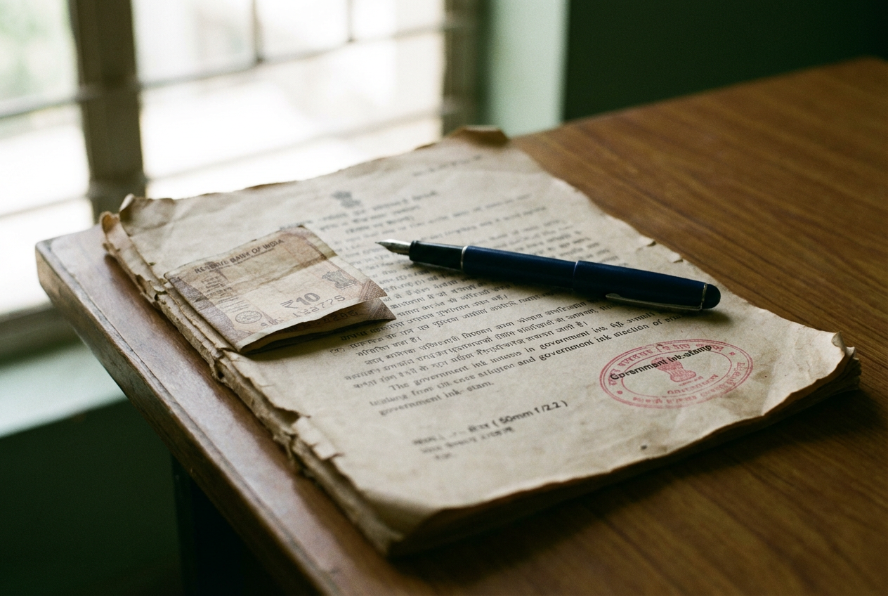A stamped paper document with red government ink-stamp and a blue fountain pen