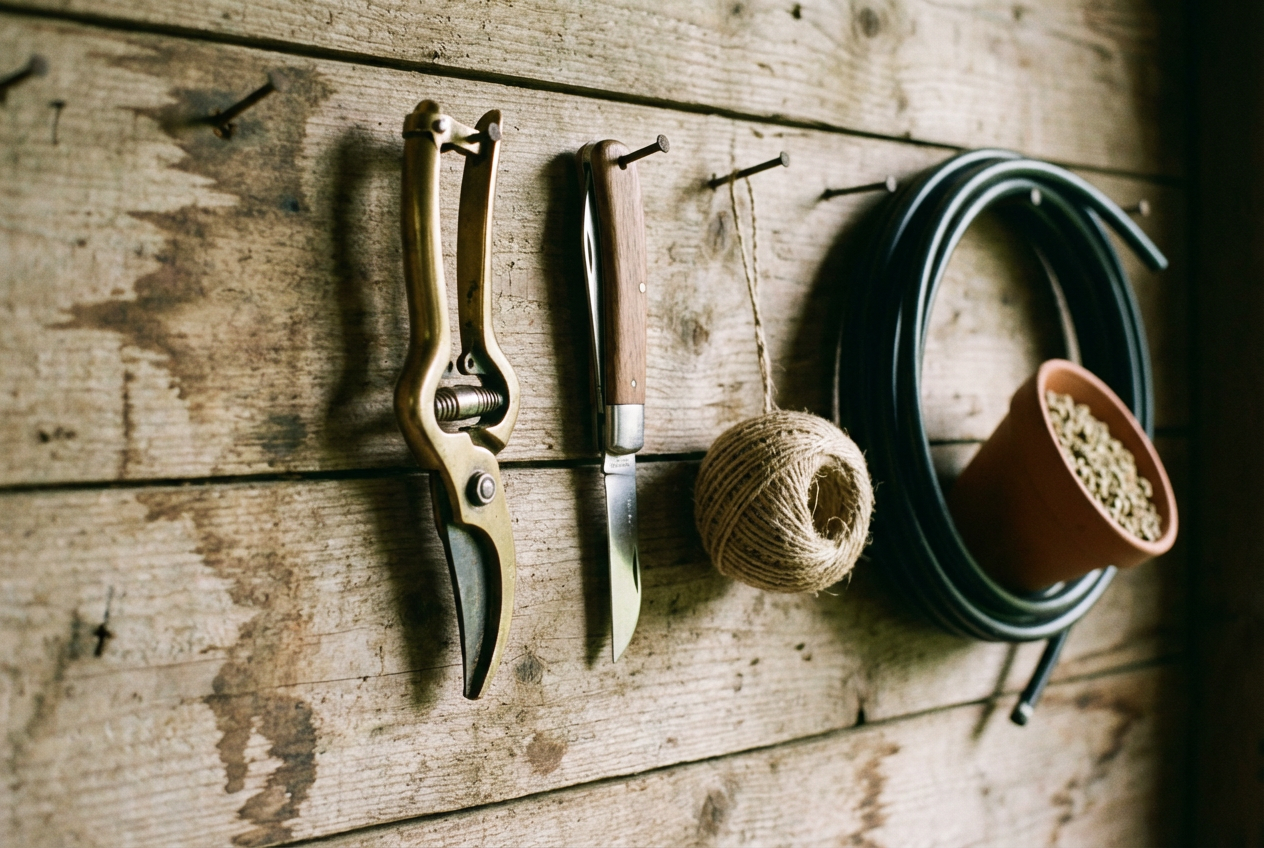 A wooden tool wall — secateurs, graft knife, jute string, drip tubing, clay pot of neem cake