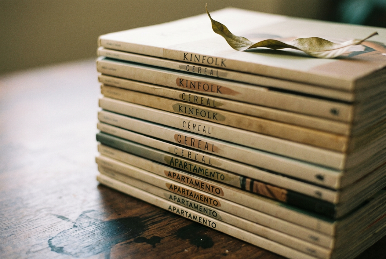 A stack of magazines seen spine-on, dried mango-leaf bookmark