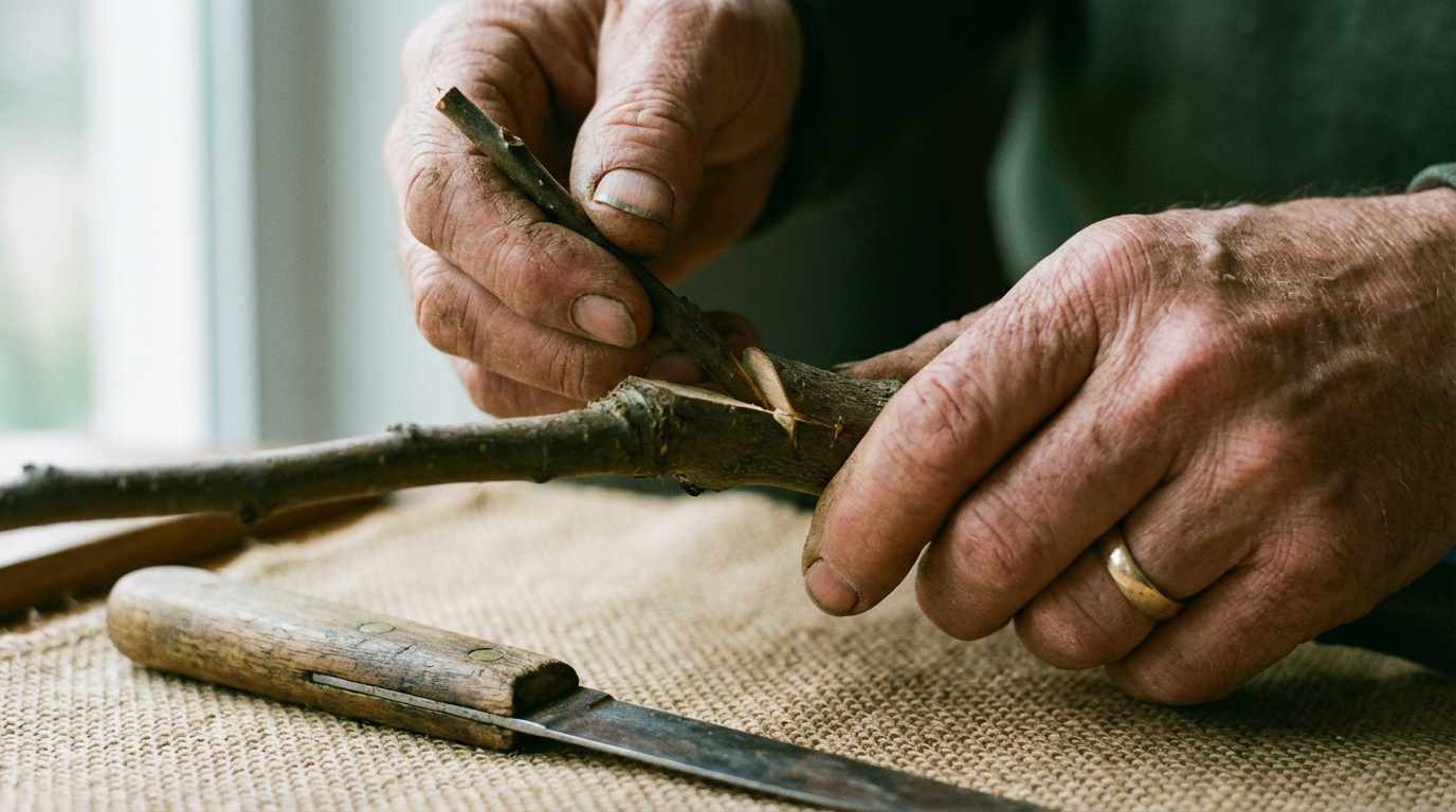 Hands demonstrating a cleft graft, rootstock and scion visible