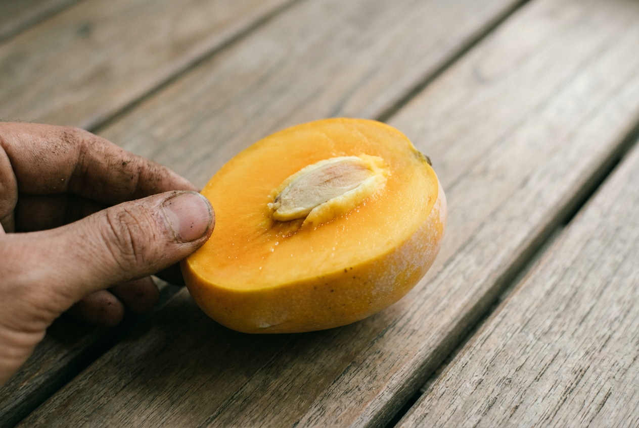 A half-cut Gaurjeet mango on planked teak, saffron flesh facing the camera, soft north-window light