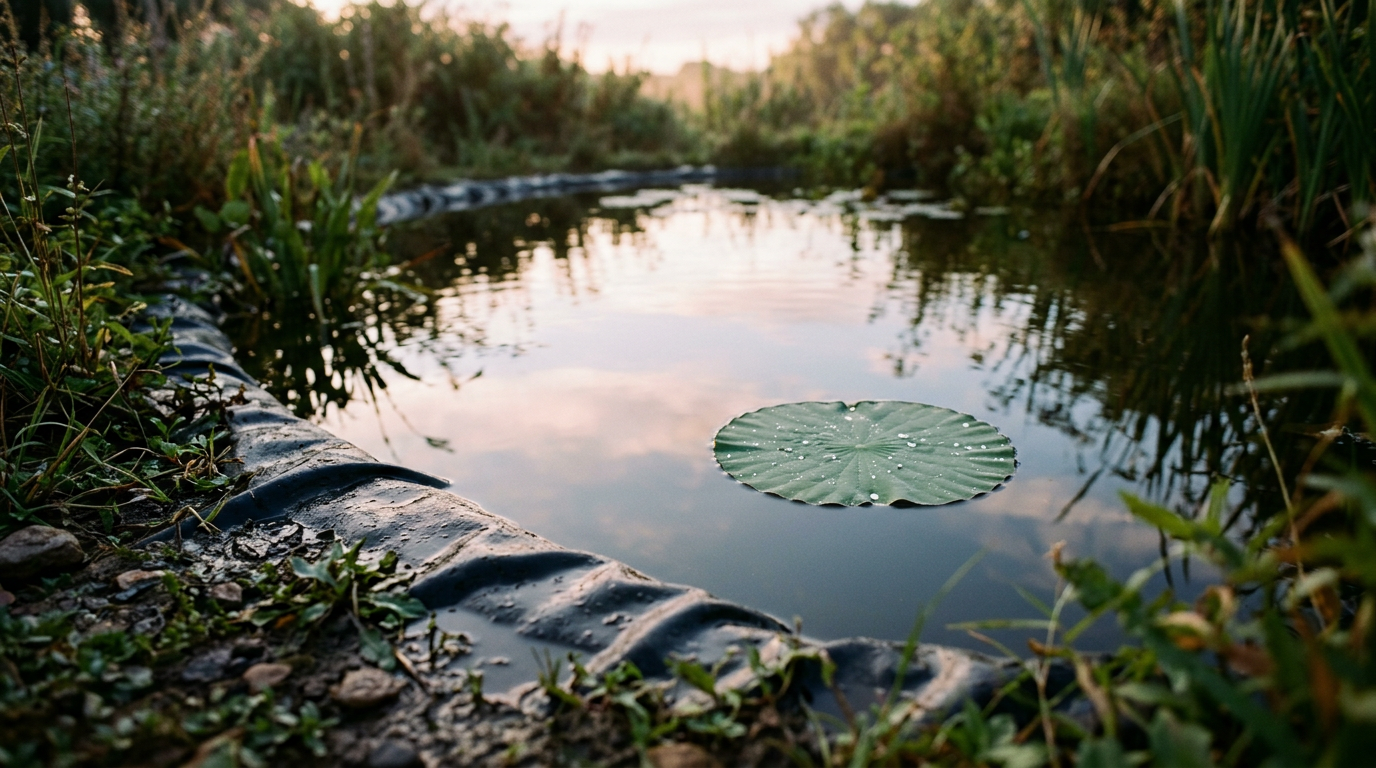Water-harvest pond surface at dawn